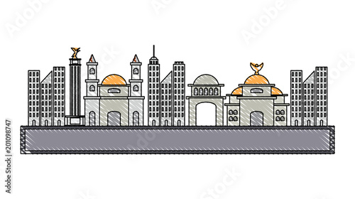 road with mexican buildings over white background, colorful design. vector illustration
