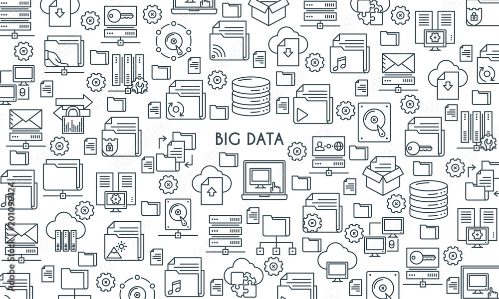 Big data technology banner. Modern icons on theme storage, analysis, organization, synchronization and data transfer. Thin line design icons collection. Vector illustration