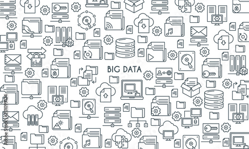 Big data technology banner. Modern icons on theme storage, analysis, organization, synchronization and data transfer. Thin line design icons collection. Vector illustration
