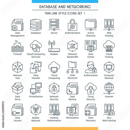 Database and networking icons set. Modern icons on theme storage, analysis, organization, synchronization and data transfer. Thin line design icons collection. Vector illustration
