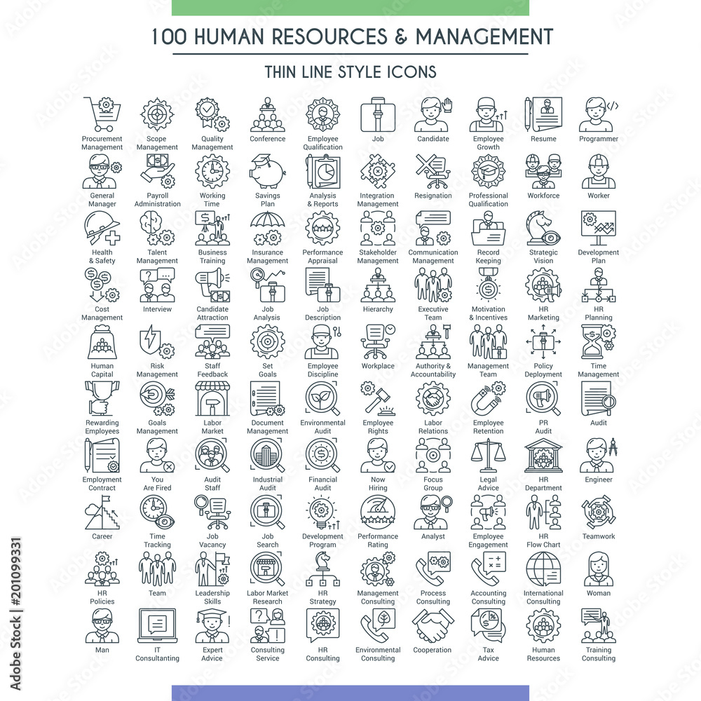 Business management and human resources big icons set. Modern icons on theme business people, analysis, organization, conference and office working. Thin line design icons collection