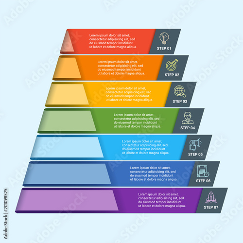 Pyramid timeline infographics. Modern design concept with 7 steps. Business template for process visualization. Vector infographic illustration