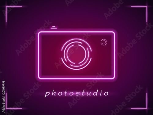 Neon photo camera sign. Photostudio neon banner. Luminous signboard camera, night advertisement neon cam. Pink neon light on dark purple background. Vector illustration AI10