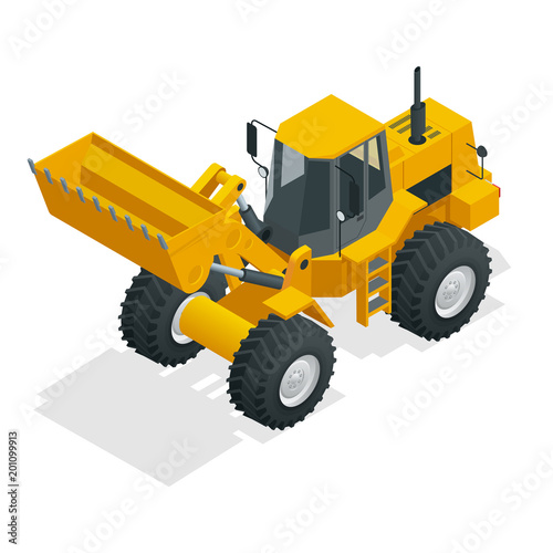 Isometric Vector illustration yellow bulldozer tractor, construction machine, bulldozer isolated on white. Yellow Wheel Loader, Industrial Vehicle. Pneumatic Truck. Manufacturing Equipment