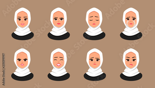 Set Facial expressions Young Arabic business woman wearing white hijab. Moslem Girl Face Covered with scarf. Vector illustration isolated from white background