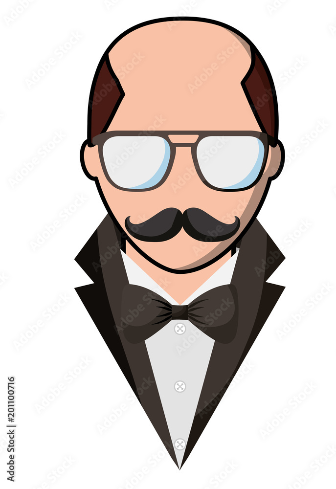 man bald with mustache and glasses hipster style