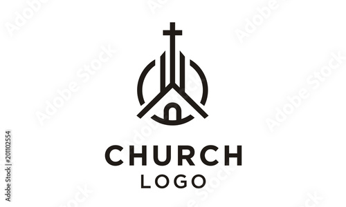 Church Building with Catholic Christian Cross symbol logo
