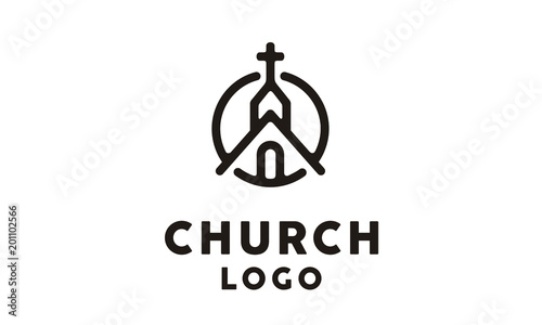 Church Building with Catholic Christian Cross symbol logo