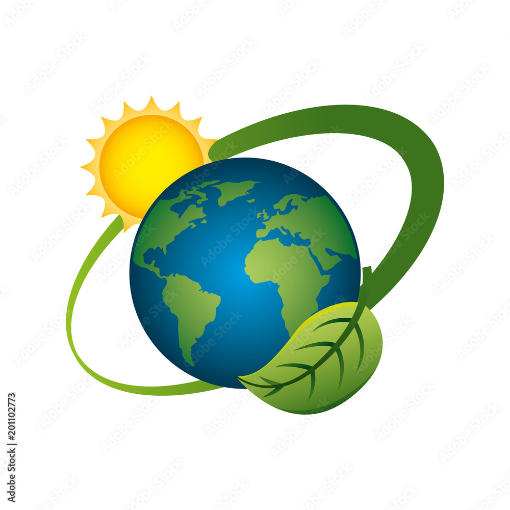 world planet with sun and leaf ecology vector illustration design