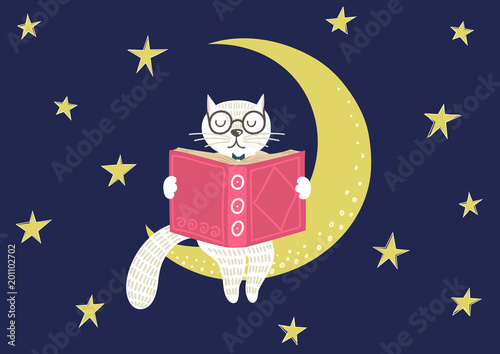 Sweet smart white cat reading on the moon under night starry sky. Story time, bedtime stories concept. Vector illustration.