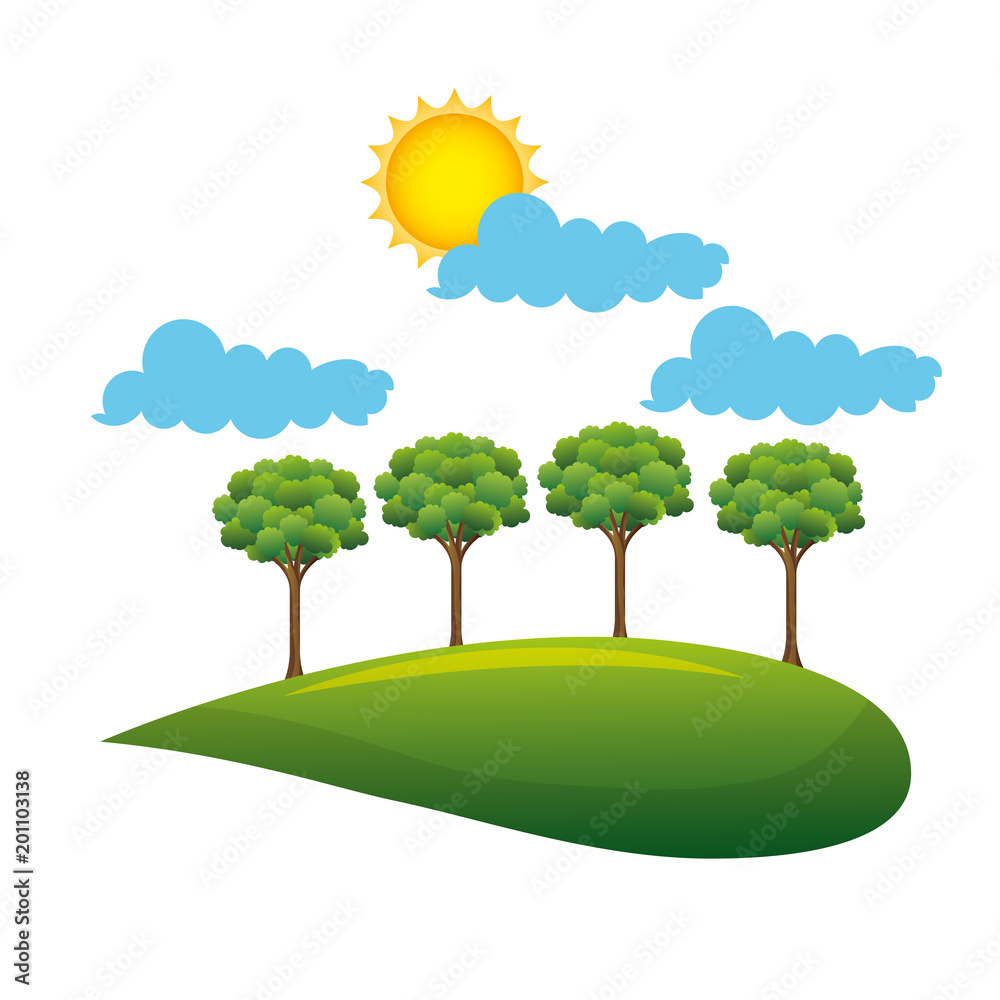 landscape with trees and sun vector illustration design