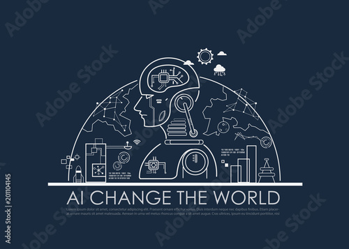 Artificial intelligence (AI) change the world half global concept, machine and deep learning, cloud computing, neural networks and printed circuit board (PCB). Vector line flat design to poster.