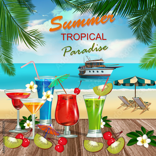 Summer holidays background with sea, yacht and cocktails