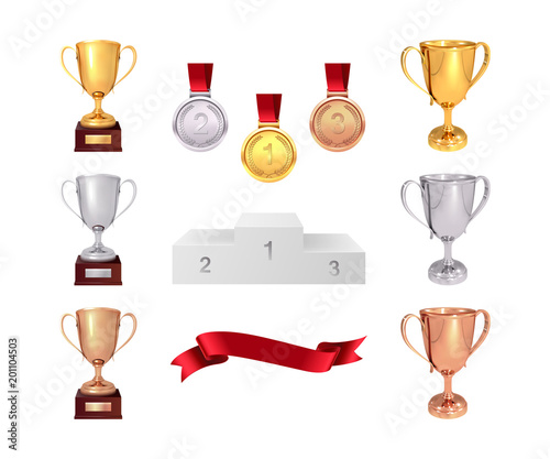 A set of trophies of the winner. Golden, silver and bronze cups, gold medal, red ribbon and pjadestal. Isolated on white background. Vector