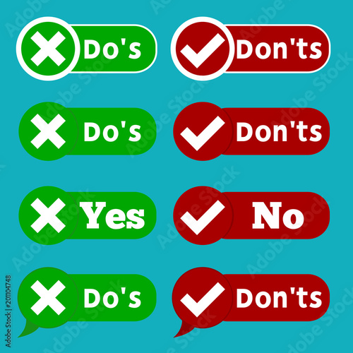 Set Do and Dont check tick mark and red cross checkbox icons design on blue background. 