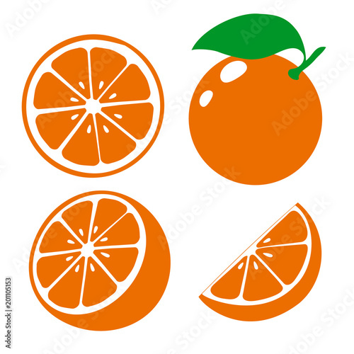 Icon orange fruits. Set fresh orange and slice. Isolated on white background. Vector