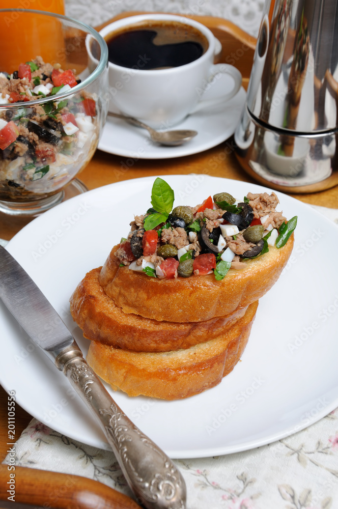 Breakfast with croutons and coffee Breakfast with croutons and coffee