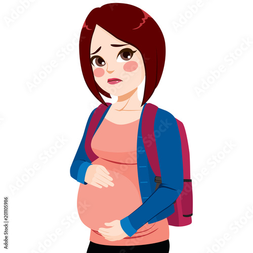 Young sad teenager girl with worried look touching her belly
