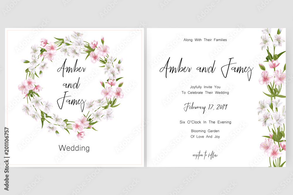 Save the date card, wedding invitation, greeting card with beautiful Alstroemeria flowers and letters