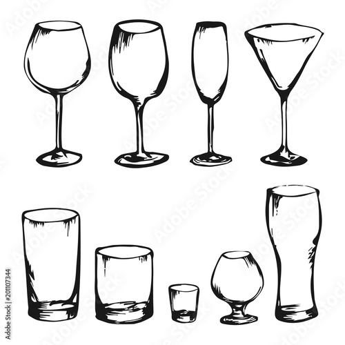 Collection of hand drawn vector drinks and glasses. Alcohol glasses. Wine, whiskey, champagne, vodka, cocktail, cognac. Sketch of different king of glasses. Set of stem ware and drink ware.