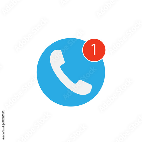 Phone icon, one missed call sign, white on blue background. Vector flat illustration.