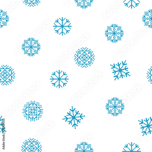 Blue snowflakes pattern. Pixel art. Merry Christmas background. New Year theme.