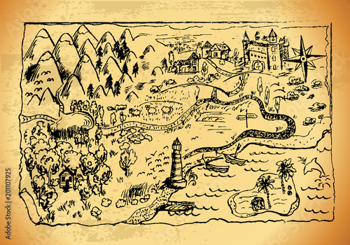 Old style hand drawn a map with landscapes, mountains, forest, sea. Grunge vector "Treasure Map" with lots of decoration with incredible details. © Marsasha Art