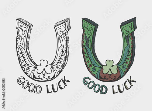 Drawing horse shoe cute vector illustration. Hand drawn Good Luck sign. Beautiful sketch of a horseshoe with clover on the white background for print on T-shirt or poster. Luck and happiness 