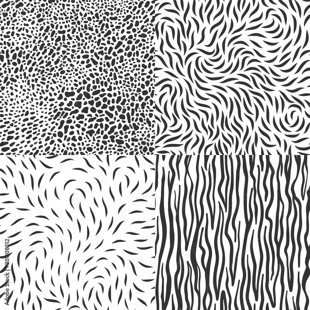 Fototapeta premium Set of black leopard, zebra stripes greeting seamless patterns set. Vector rich exotic animal skin ornate, background in luxury style