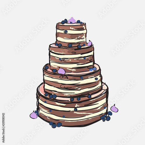 Illustration of beautiful naked cake with bilberry and white cream. Baked wedding cake design.