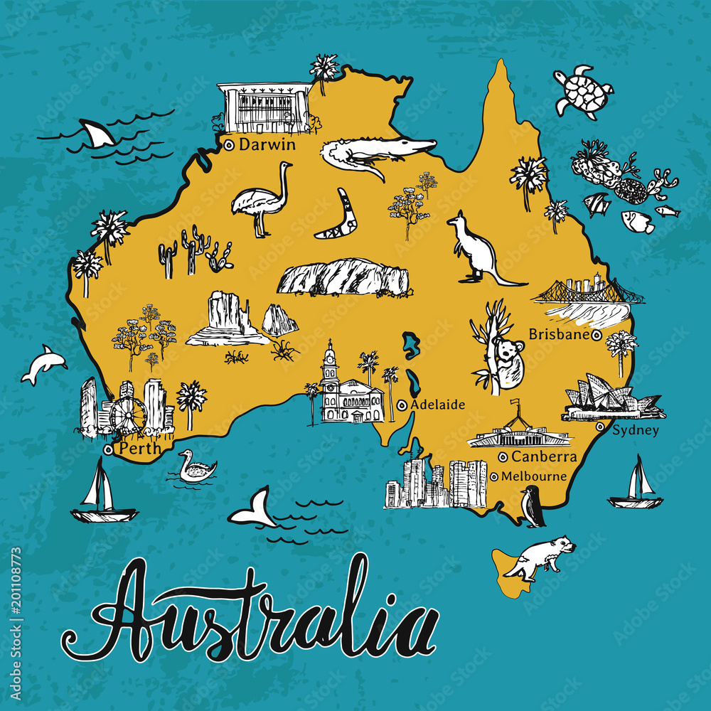 Drawing cartoon Australia vector map. Map of Australian continent with