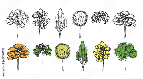 Hand draw sketch set of different types of trees. Simple linear tree design. Cute forest drawing. Line tree.