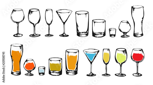 Drawing alcohol drinks collection for design. Set of alcohol glasses. Colorful sketch of alcohol. Illustration for bar, restaurant, cafe, night club. © Marsasha Art