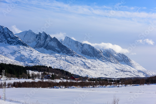 Winter view of the mountain range seven sisters in Alstadhaug  Norway.