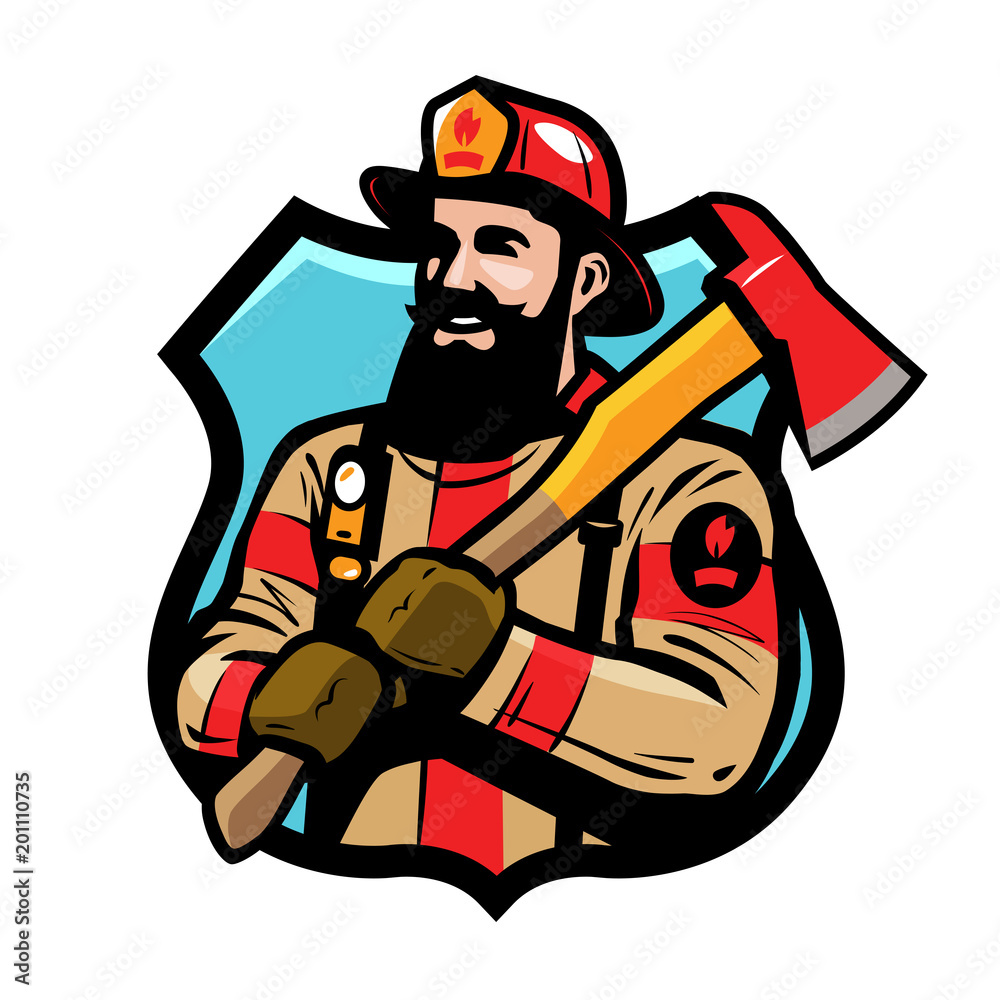 Fototapeta premium Fire department logo or label. American firefighter, fireman in helmet holds an ax in his hands. Cartoon vector illustration