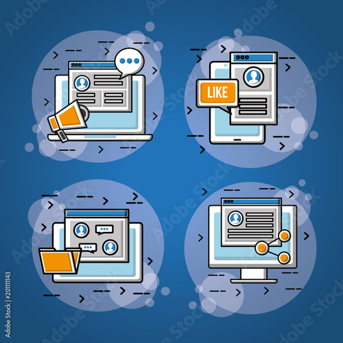 people social media networks stickers with tecnology icon tools high voices vector illustration