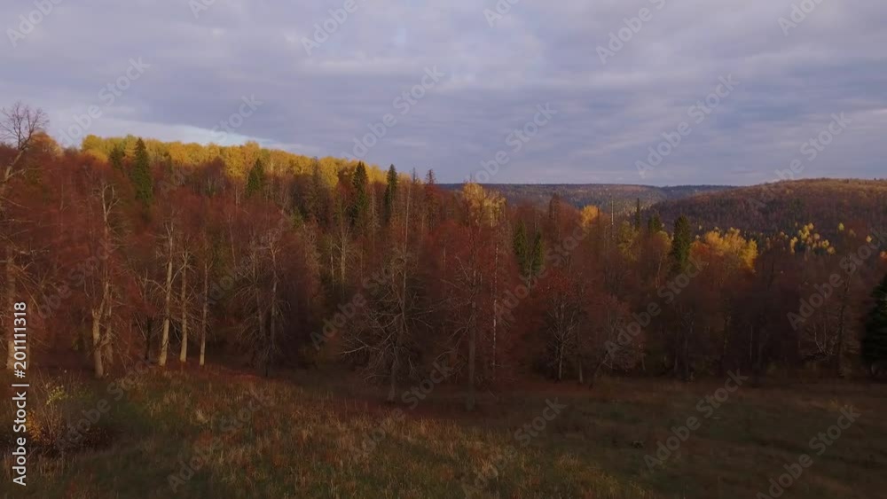 Through autumn forest to the ural mountain river - Aerial view Through autumn forest to the ural mountain river - Aerial view
