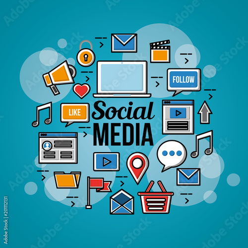 people social media networks bubble blue background icons many tools red vector illustration