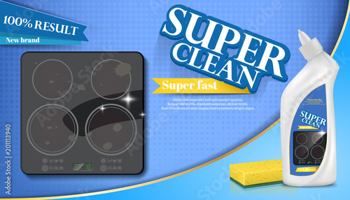 Vector poster of cleaning detergent for stove, kitchen. Cleaner ad, mock up of liquid gel, top view of cooker with stains. Clearing concept, disinfectant promotion. Antiseptic brand, chemistry banner