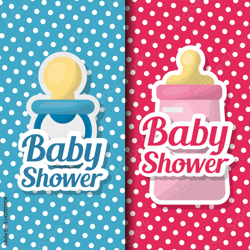 baby shower card banners girl and boy celebration stripe pink blue pacifier bottle milk vector illustration
