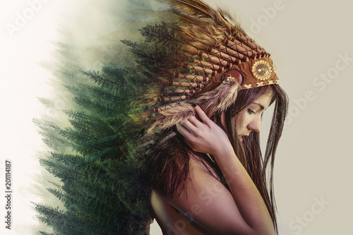 Dekoracja na wymiar  double-exposure-beautiful-woman-with-indian-plume-of-plume-and-a-forest-on-the-head-concept-nature