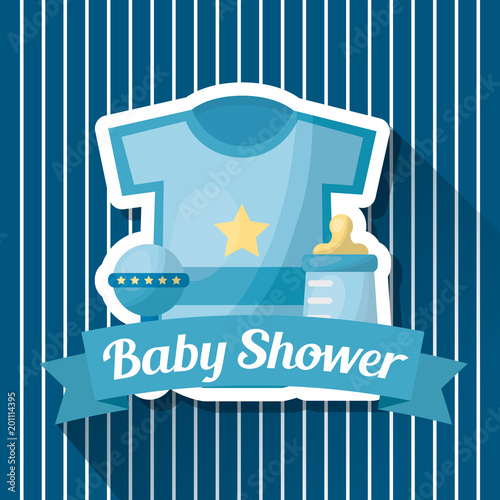baby shower card blue stripes clothes rattle bottle milk ribbon vector illustration
