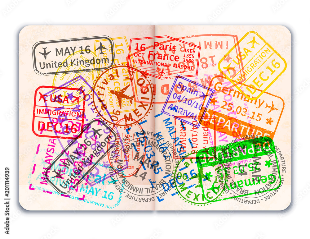 Naklejka premium Realistic open foreign passport with many bright colorful immigration stamps on white