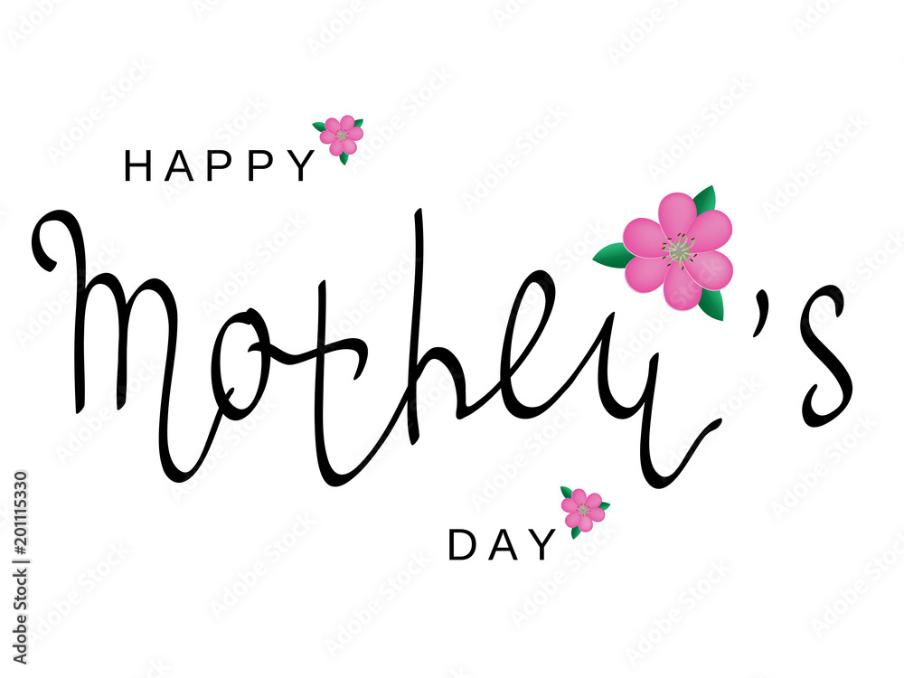 Vector greeting card with Mother's Day. Black calligraphy An inscription with pink flowers.