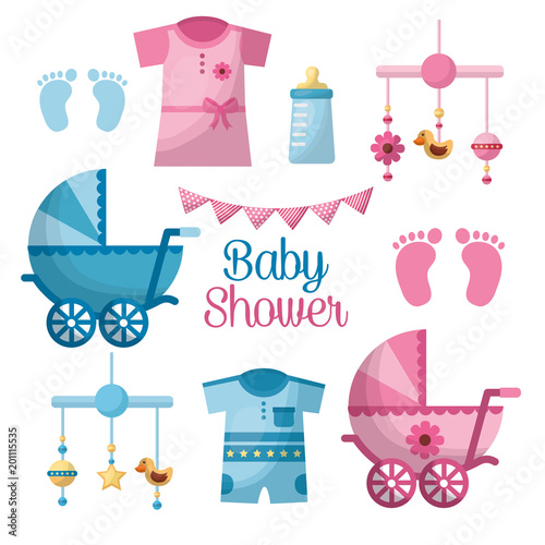 happy baby shower welcome girl and boy toes clothes pennants hanging toys bottle  pram  vector illustration