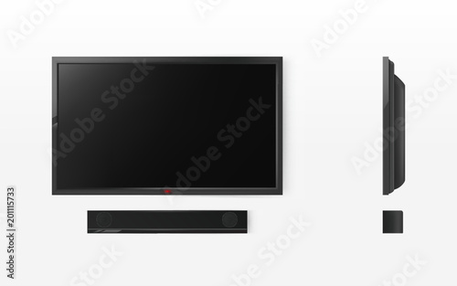 Vector home theater, audio video system, acoustic equipment, stereo technology. Electronic amplifier, surround hi-fi sound. Soundbar, screen, display in cartoon style isolated on white background