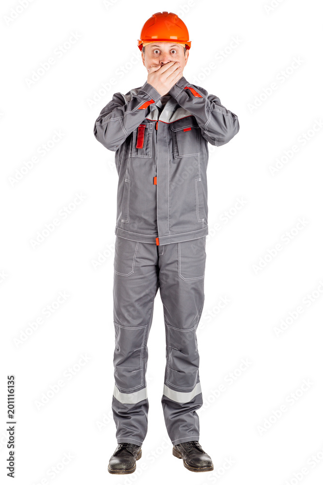 Full length portrait of a male builder over white wall background. repair, construction, building, people and maintenance concept. Full length portrait of a male builder over white wall background. repair, construction, building, people and maintenance concept.