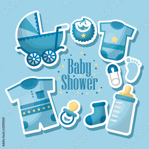 happy baby shower born boy celebration blue clothes bib baby pacifier  pram  toe sock vector illustration