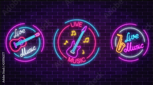 Set of neon live music symbols with circle frames. Three live music signs with guitar, saxophone, notes.