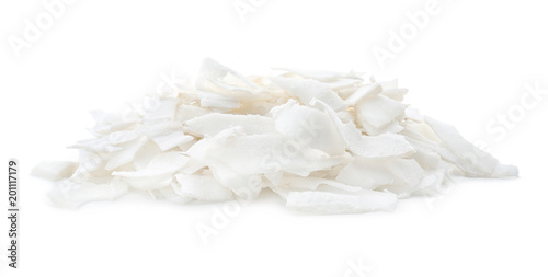 Fresh coconut flakes on white background photo